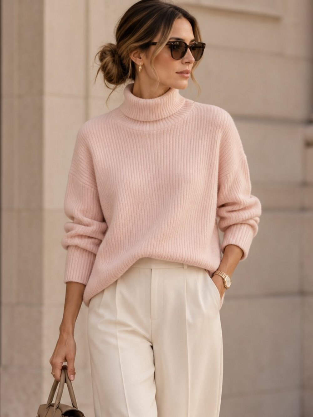 #3 FRIDAY FWD | Light Pink Ribbed Wool Blend Turtleneck Sweater - Large